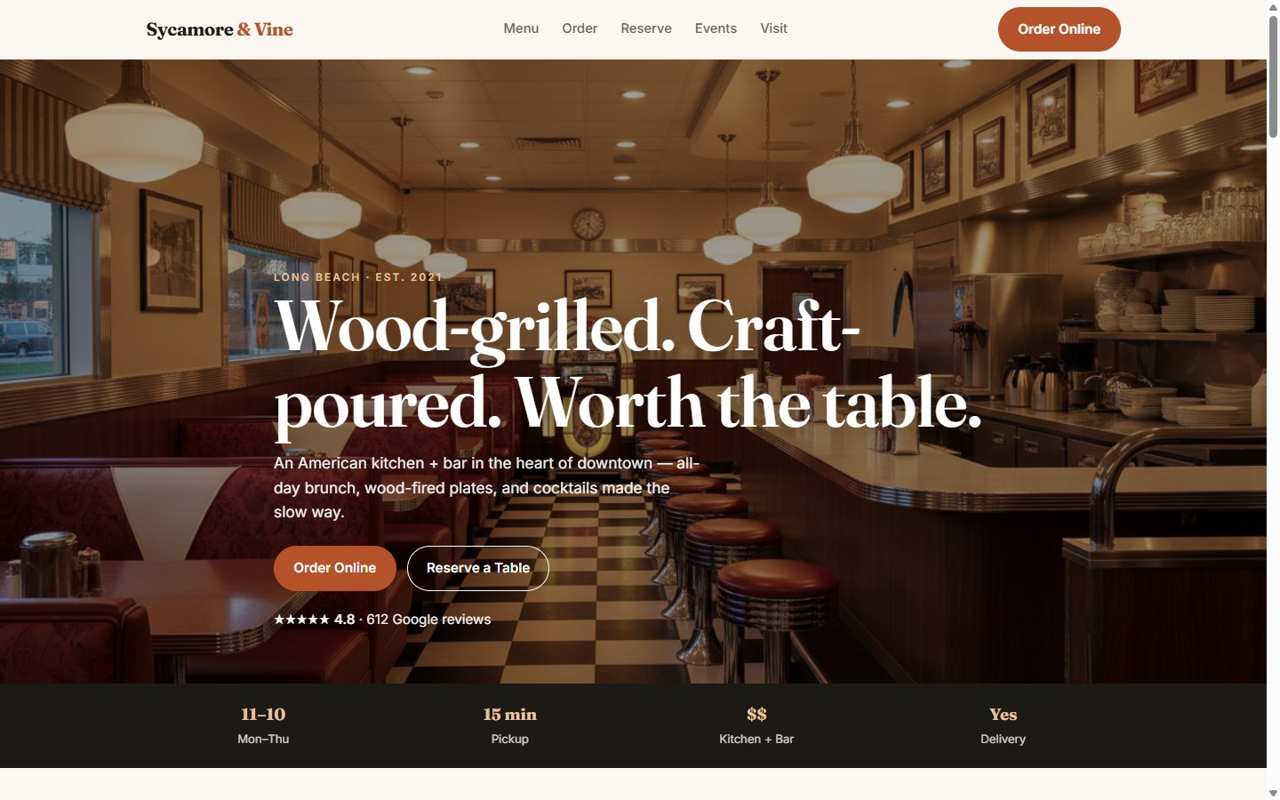 Sycamore and Vine restaurant website built by BareBones Media